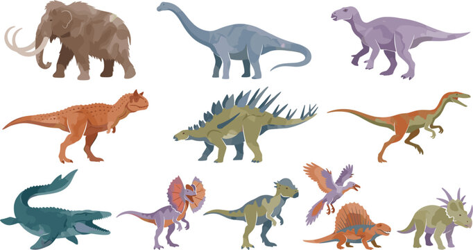 Prehistoric Life and Dinosaur Vector Clip Art Set Featuring Woolly Mammoth Brachiosaurus Stegosaurus Dilophosaurus and Ancient Marine Reptiles for Educational Graphic Designs