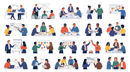 Fototapeta premium Modern Flat Business People Vector Illustrations: Teamwork, Meetings, and Collaboration in the Workplace
