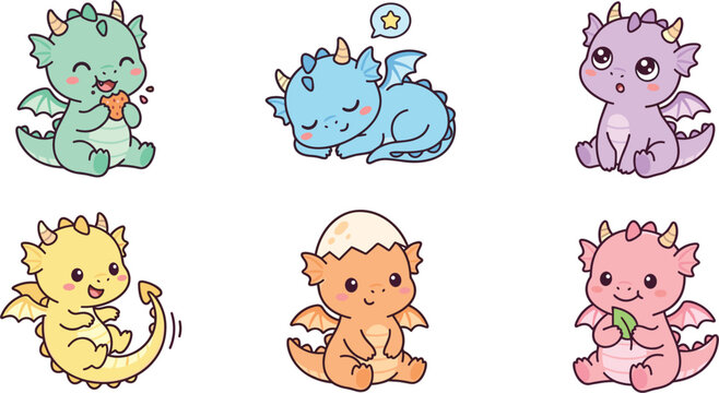 Cute Cartoon Baby Dragon Vector Character Set Featuring Little Mythical Creatures Hatching Sleeping and Eating for Kids Nursery and Fantasy Graphic Designs