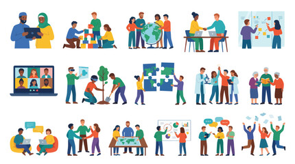 Fototapeta premium Diverse Teamwork Collaboration Flat Vector Illustration Set for Business, Education Community Concepts