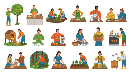 Fototapeta premium Organic Food Lifestyle Flat Vector Illustration Set: People Gardening, Harvesting, Cooking, and Preserving