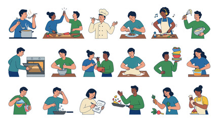 Fototapeta premium Cooking and Culinary Skills Flat Vector Illustration with Diverse People Preparing Food in Kitchen
