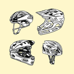 Naklejka premium Monochrome bicycle helmets vector illustration set