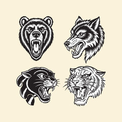 Obraz premium Monochrome traditional predator animal heads tattoo vector set