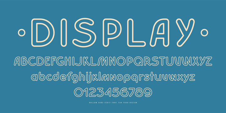 Hollow soft sans serif font with rounded corners. Letters and numbers for emblem and label design. White print on blue background