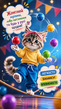 Adorable kitten dressed in colorful casual clothes balancing on a tightrope while juggling bright balls in a festive circus atmosphere.