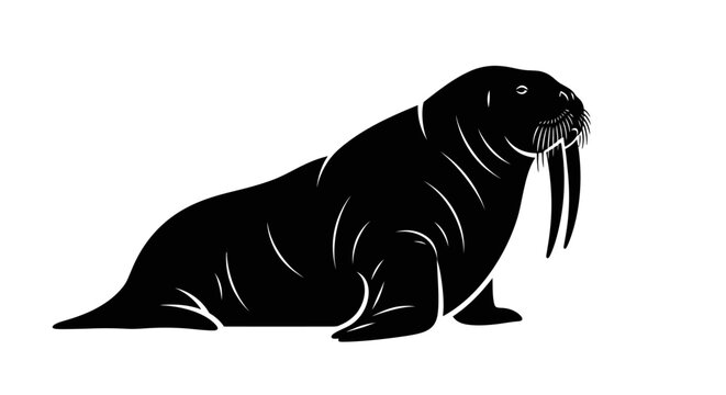 Black walrus sitting on ice ground.