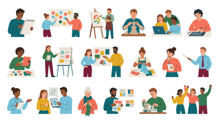 Fototapeta premium People Learning, Creating Working: Diverse Individuals Engaged in Education, Hobbies Business - Flat Vector Illustration