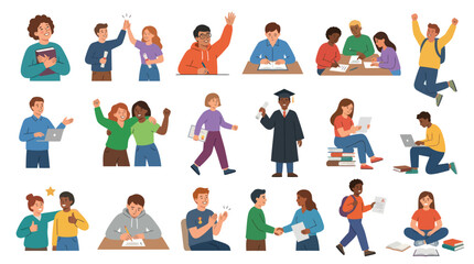 Fototapeta premium Flat Vector Illustration Set: Diverse Students Learning, Studying, and Achieving Academic Success.