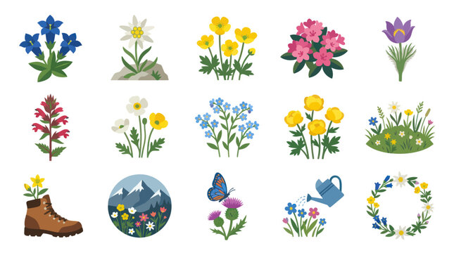 Flat Vector Illustration Set: Alpine Mountain Flowers, Wild Plants  Nature Elements for Outdoor Adventures
