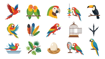 Fototapeta premium Flat Design Vector Illustrations of Colorful Parrots and Tropical Birds