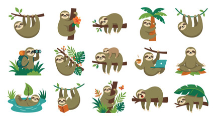 Fototapeta premium Flat illustration of cute sloths in various poses, nature, animals