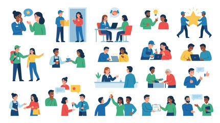 Fototapeta premium Flat Vector Illustration Set: Diverse People Interacting in Business, Communication, and Customer Service