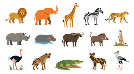 Obraz premium Flat Design African Safari Animals Vector Set. Cartoon Wildlife Collection for Kids Education