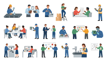 Fototapeta premium Flat Vector Illustration of Industrial Quality Control, Manufacturing, and Production Operations