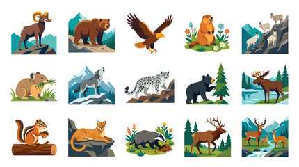 Obraz premium Flat Vector Illustrations of North American Mountain and Forest Wild Animals Collection