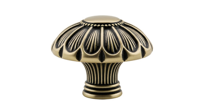 Vintage style brass cabinet knob with ornate floral petal detailing isolated on white background