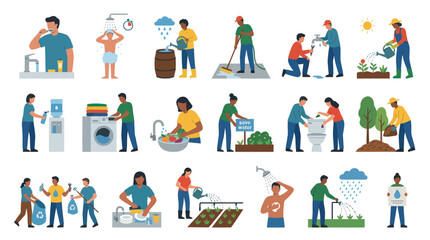 Fototapeta premium Flat Design Vector Illustration: People Practicing Water Conservation, Eco-Friendly Habits, and Daily Life Sustainability