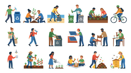 Fototapeta premium Sustainable Lifestyle Eco-Friendly Flat Design Illustrations. People Engaged in Green Activities: Recycling, Gardening, Environment.