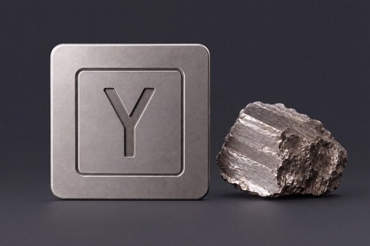 Metallic Yttrium Element Symbol Tile Beside Raw Mineral Ore