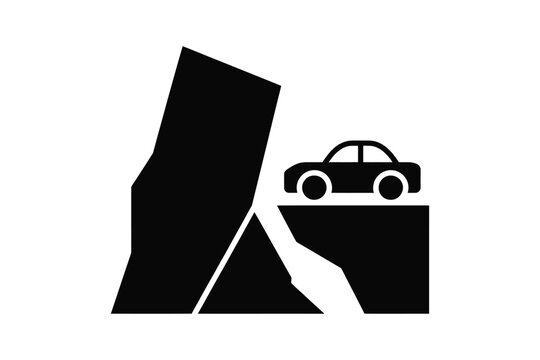Minimalist black vector icon of a car parked at the edge of a steep cliff hazard next to a massive leaning rock structure signifying danger of landslide or falling stones on a mountain road