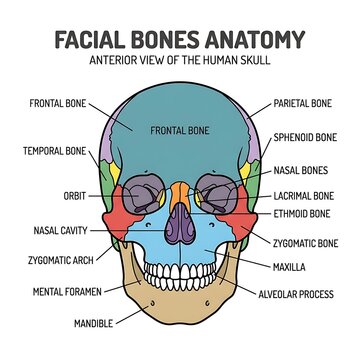 Detailed diagram of human facial bones anatomy.