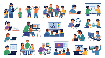 Fototapeta premium Flat Vector Illustration of Digital Education. Students, Teachers and Kids Using Technology for Online Learning.