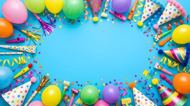 Festive birthday celebration layout colorful balloons party hats horns and confetti on bright blue backdrop