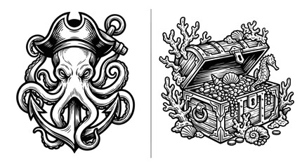 Pirate Octopus with Anchor & Treasure Chest with Seahorse © kntl