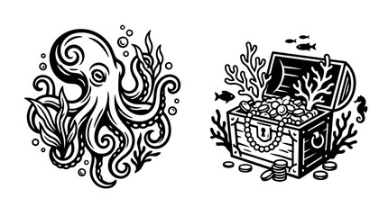 Octopus and Treasure Chest Illustration © kntl