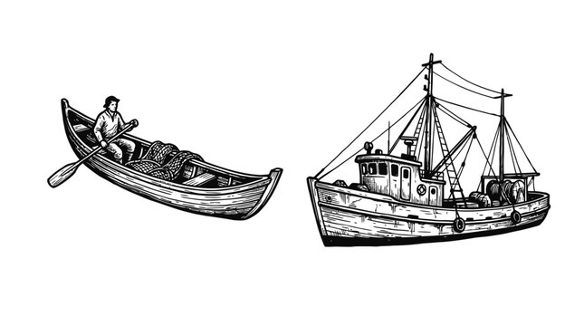 Vintage Rowboat and Fishing Trawler Illustrations