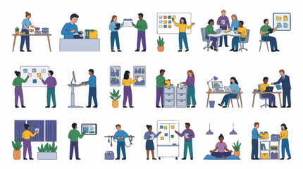 Fototapeta premium Flat Vector Illustration Set: Business People at Work, Office Tasks, Productivity, and Collaboration.