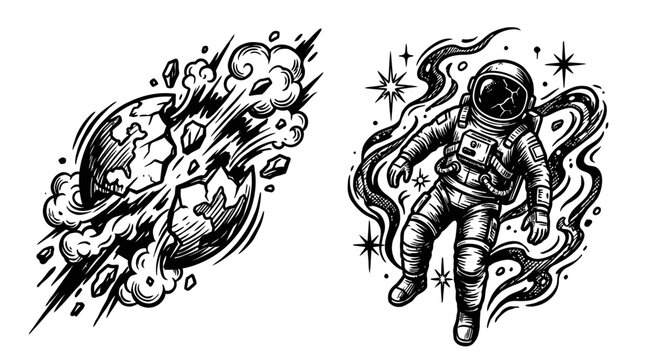 Astronaut Floating Near Exploding Planet, Space Illustration