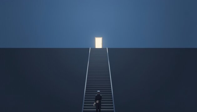 Deep blue minimalist background featuring a long straight staircase leading to a glowing door for theatre season campaigns and arts editorial content