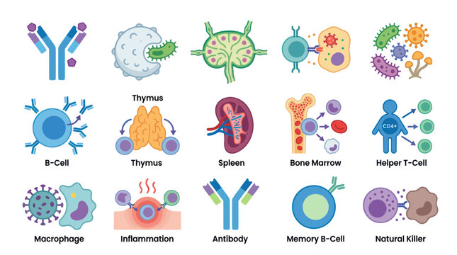 Immune System Cells and Organs Flat Vector Icons - Medical Science Illustration
