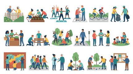 Fototapeta premium Community Volunteering Social Engagement Activities with Diverse People in Flat Design Vector Illustration