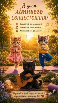 Cute kittens celebrating the Summer Solstice in a peaceful flower garden at sunset. One kitten plays guitar while others practice yoga, symbolizing harmony, music, mindfulness, and balance.