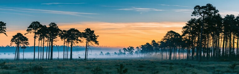 Fototapeta premium Panoramic misty pine forest silhouette at dawn with a dramatic teal and golden sky for nature background and wilderness travel imagery