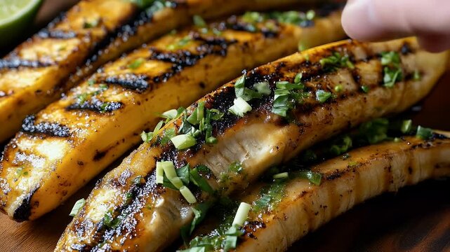 Grilled plantains being garnished on a wooden board