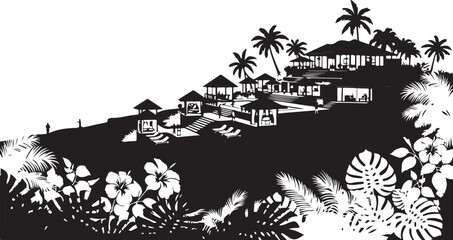 Naklejka premium Tropical Landscape with Palm Trees and Farm House Vector Illustration