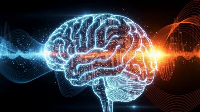 Digital illustration of glowing brain with circuit board and sound waves representing artificial intelligence and neural networks