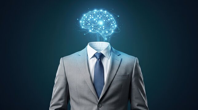 Abstract digital brain glowing with blue light circuits replaces head of businessman in suit symbolizing artificial intelligence innovation and futuristic technology in corporate world