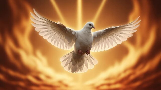White dove flying with wings spread against glowing sunset sky symbolizing peace and hope