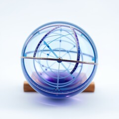 Fototapeta premium Intricate armillary sphere. Blue, purple hues. Golden rings, detailed markings. Stands on wooden base. Science, astronomy concept.