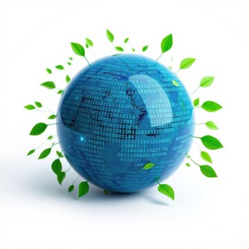 Globe covered with binary code, surrounded by vibrant green leaves. Symbolizes digital world, growth, technology, sustainability.