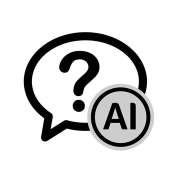 This AI vector icon features a speech bubble with a question mark and a solid circle, perfect for representing artificial intelligence help, chatbot support, or digital assistance.