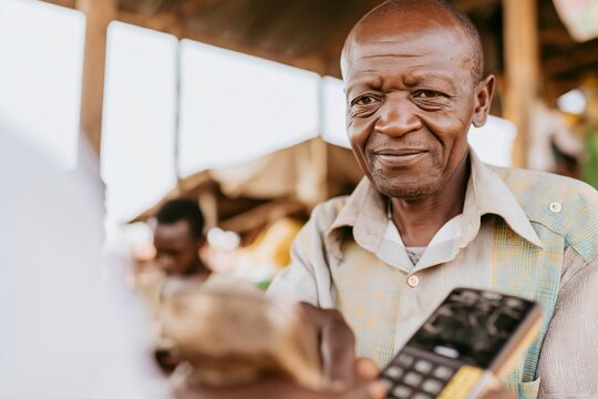 Senior man smiling while using a mobile device for digital banking in a casual outdoor setting for microfinance stories, fintech advertising and community portraits