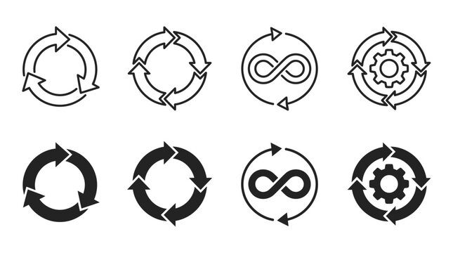 Circular cycle and continuous process logic icons set with circular infinity workflow rotation continuation