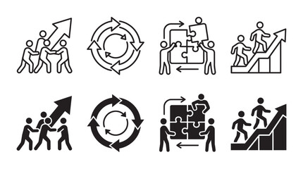 Fototapeta premium Business development and growth strategy icons set with business strategy development teamwork climbing interface