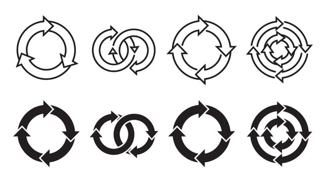 Circular arrows and recursive process flow icons for business and technology design with circular rotation business